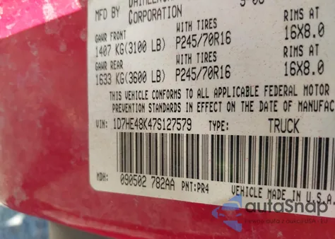 2007 Dodge Dakota Slt z USA, uszkodzony, nr VIN 1D7HE48K47S127579